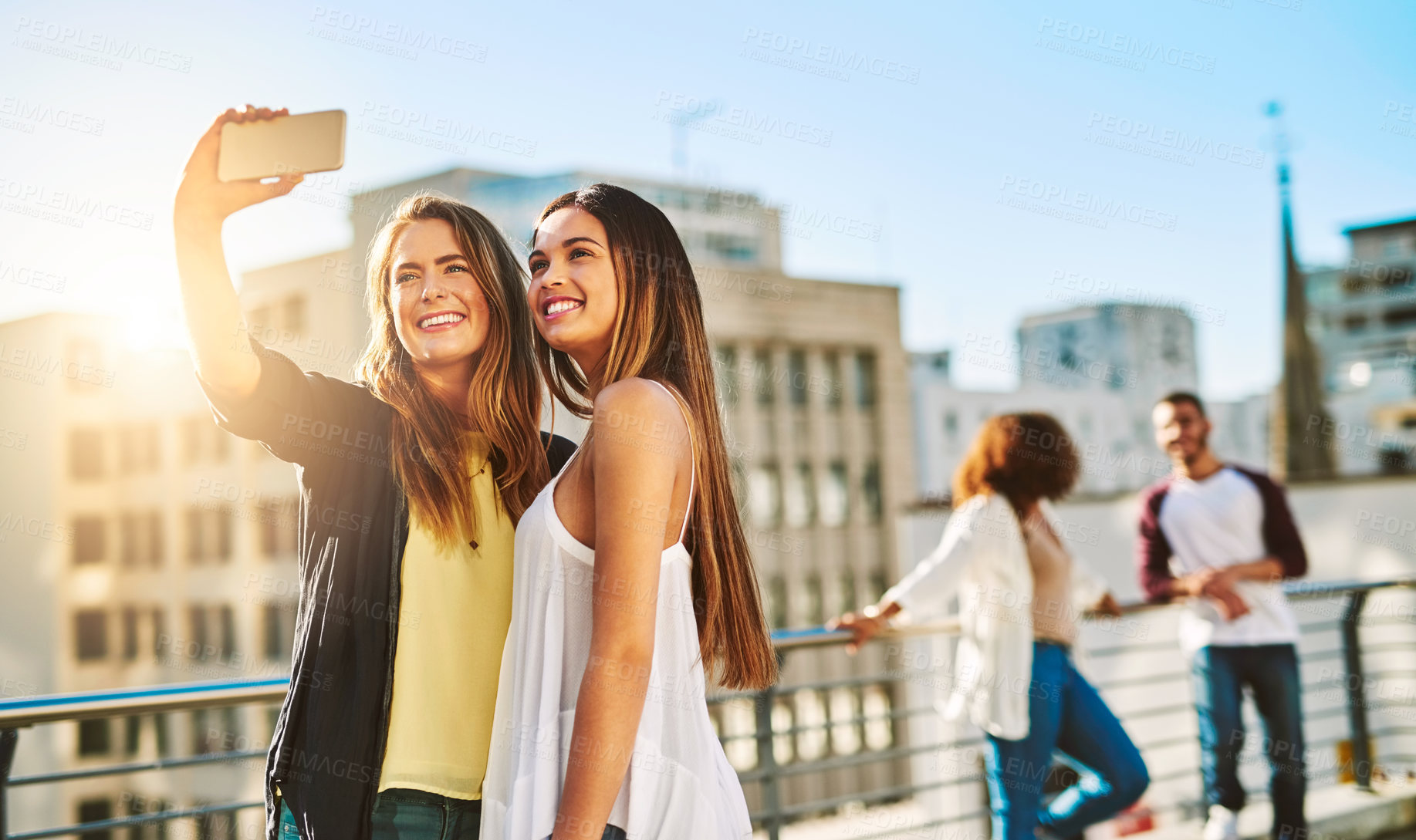 Buy stock photo Selfie, city and people photography on holiday, bonding together and online for social media update. Women, friends and travel to urban town for adventure, outdoor vacation and capture memory of trip