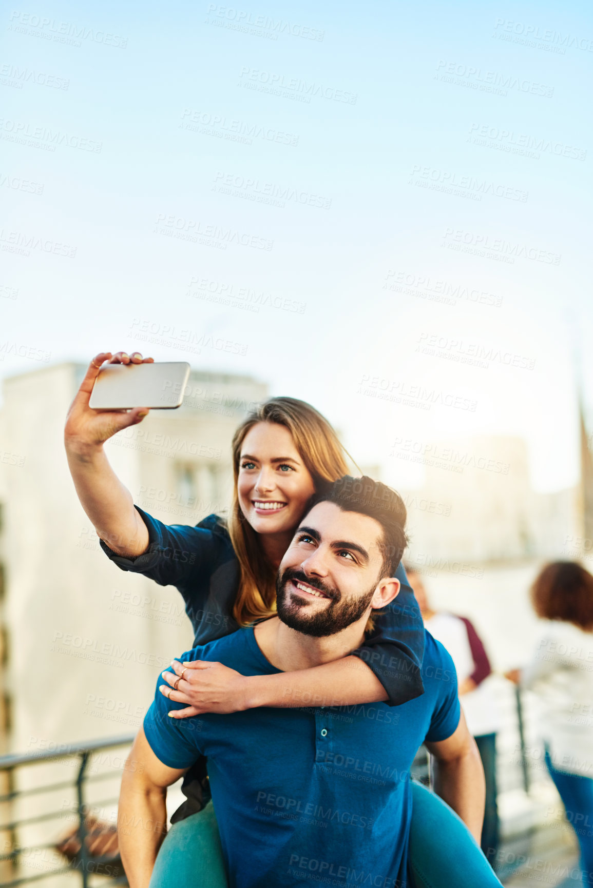 Buy stock photo City, piggyback and selfie of happy couple with love, caring or bonding together on vacation in Spain. Dating people, man and woman with photography for social media, memories and travel outdoor