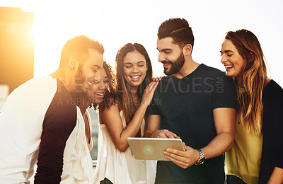 Buy stock photo Outside, laughing or friends on tablet for funny joke, online meme or news to relax urban street. Happy, smile or people on technology for travel planning, social media humor or comedy blog together