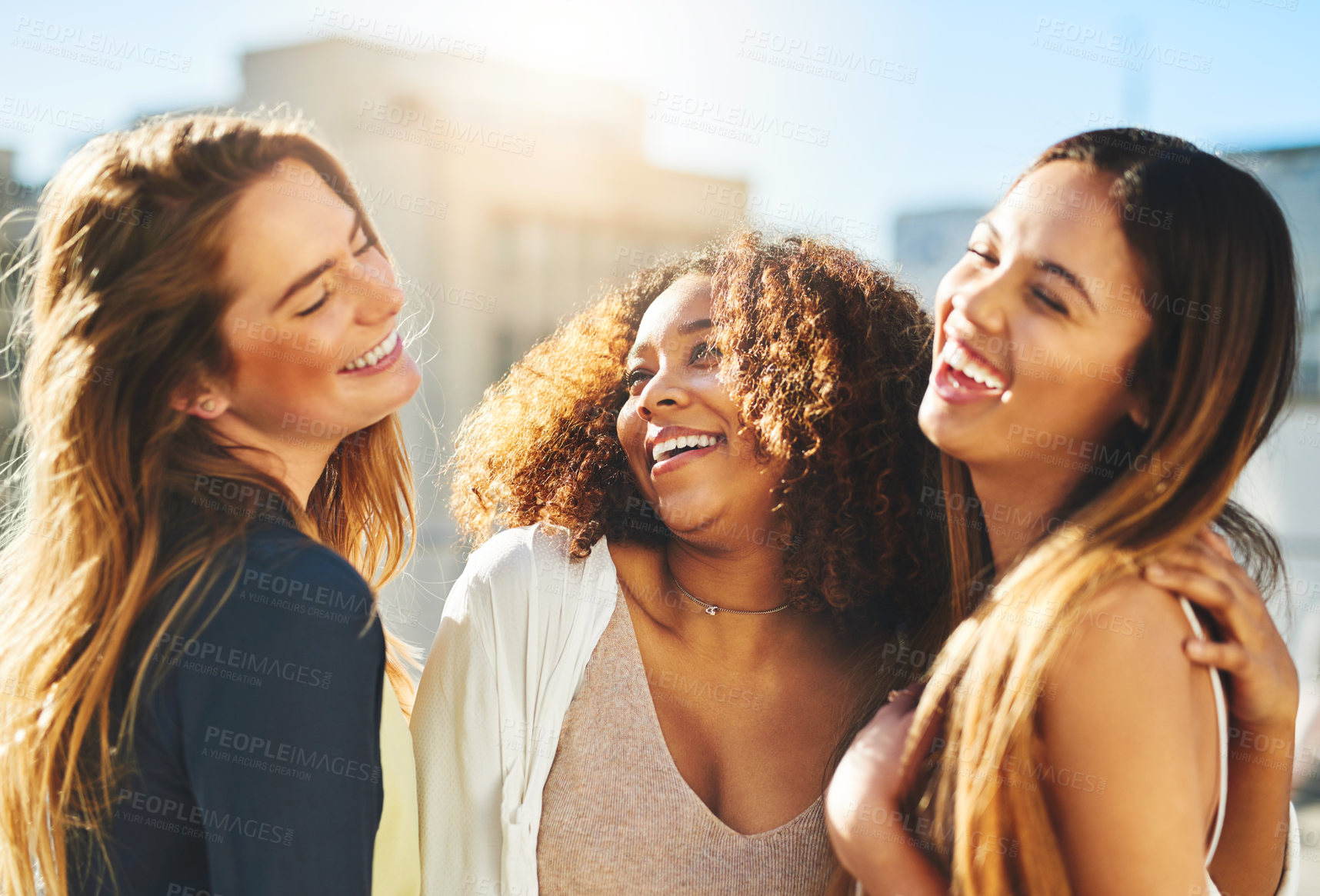 Buy stock photo Laughing, support and smile with friends in city for bonding, funny and spring break. Students, summer vacation and college freshman with women in new york for solidarity, youth and lens flare