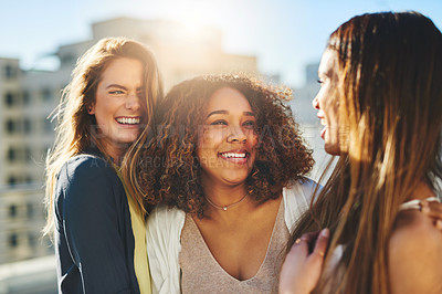 Buy stock photo Shot of young female friends spending the day outside