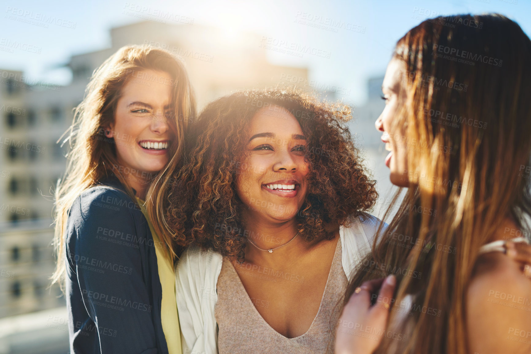 Buy stock photo Shot of young female friends spending the day outside