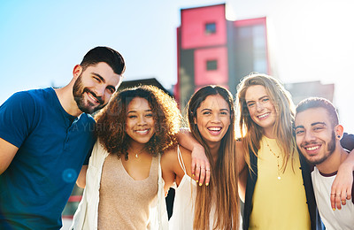 Buy stock photo Happy, portrait and friends hug in city with group for outdoor travel together, event or bonding. Smile, diversity and people in urban town for support, break or holiday vacation for reunion or trip