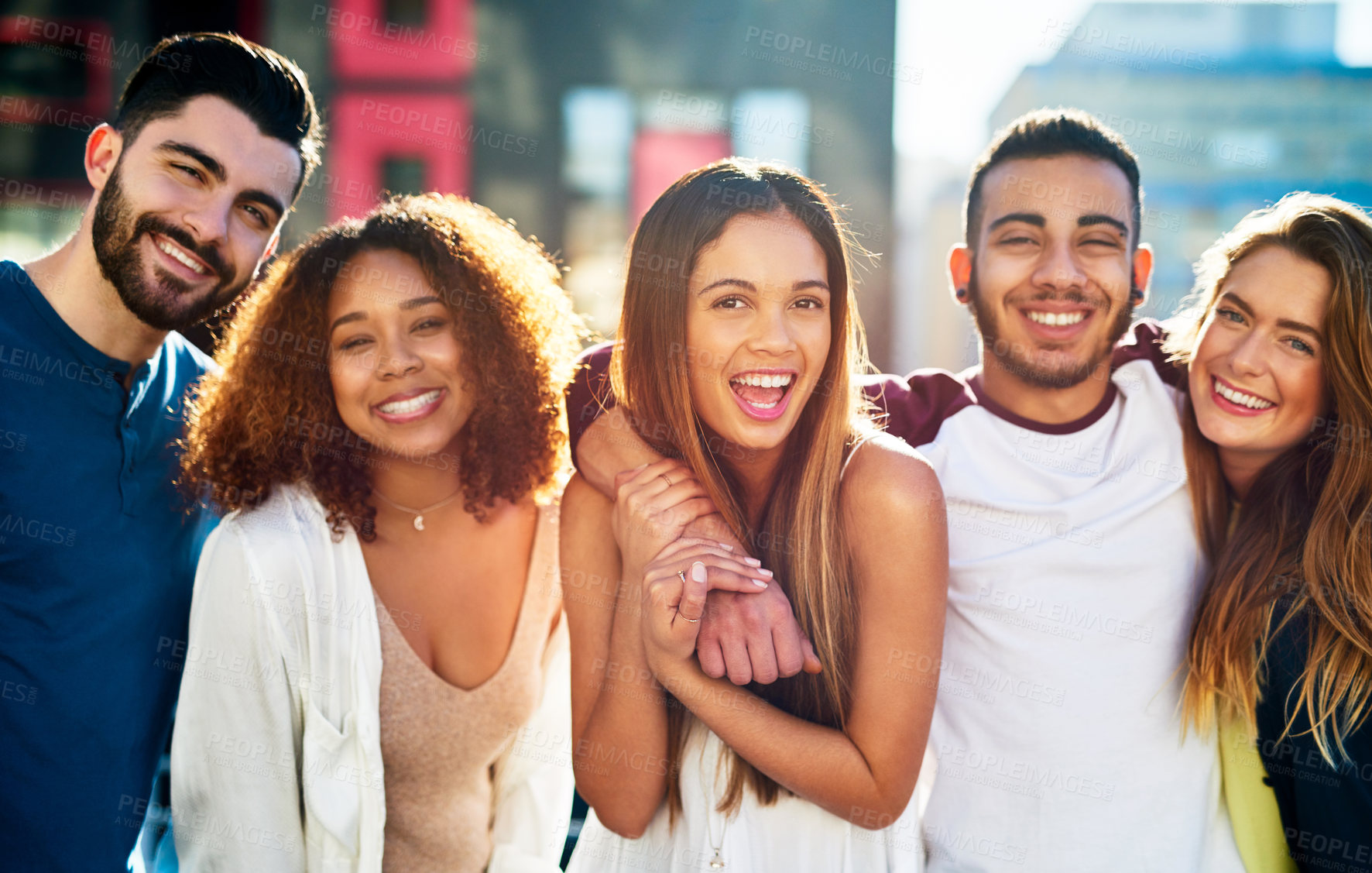 Buy stock photo Portrait of young friends spending the day outside