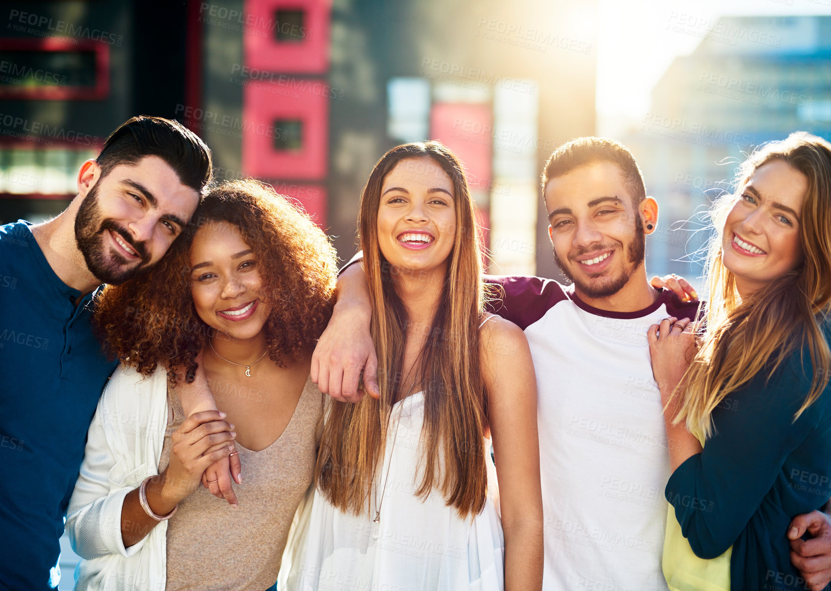 Buy stock photo Diversity, bonding and portrait with friends in city for smile, happy and spring break. Students, summer vacation and college freshman with people in new york for solidarity, support or lens flare