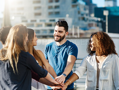 Buy stock photo Friendship, stack and hands for solidarity, celebration and success for vacation outdoor. Happy people, men and women with huddle together for support, motivation and travel in city of Brazil