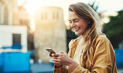 Buy stock photo Woman laughing at meme on cellphone, communication in city and chat on social media with connectivity outdoor. Happy female person in urban street, text contact with mobile app and comedy online