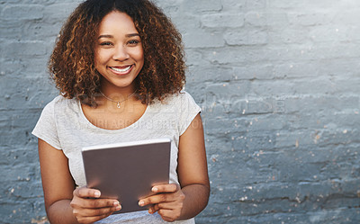 Buy stock photo Happy, portrait and tablet with designer black woman on brick wall background for creative research. Internet, project management and tech with smile of employee for professional web development