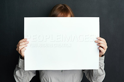 Buy stock photo Person, whiteboard and blank for marketing, advertising or information for message, design and promotion. Young female, empty placard or poster for presentation, logo product placement and branding