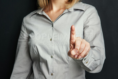 Buy stock photo Person, business and finger for caution warning in studio for disagreement rejection, stop or black background. Corporate, negative and conflict gesture as feedback review or problem, vote or threat