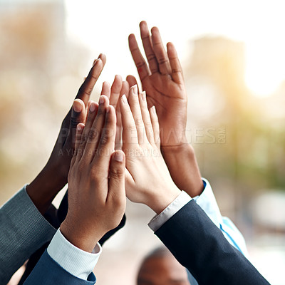 Buy stock photo Business people, hands and high five for teamwork, success and team building. Group, collaboration and employees with hand together for cooperation, support and solidarity, motivation and celebration