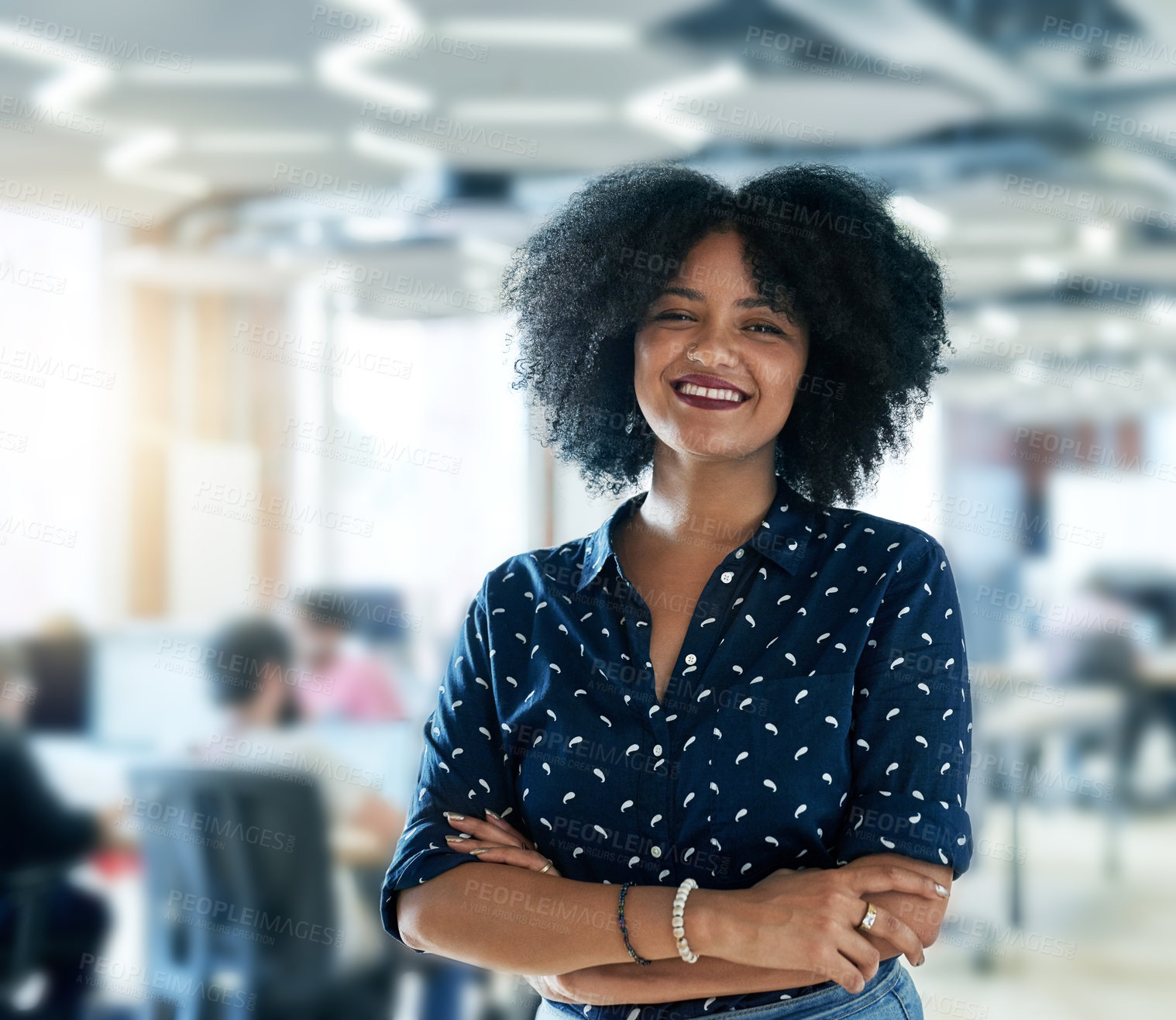 Buy stock photo Portrait, smile and business woman with arms crossed for career, job or pride at creative startup company. Face, happy entrepreneur and confident professional employee, worker and graphic designer