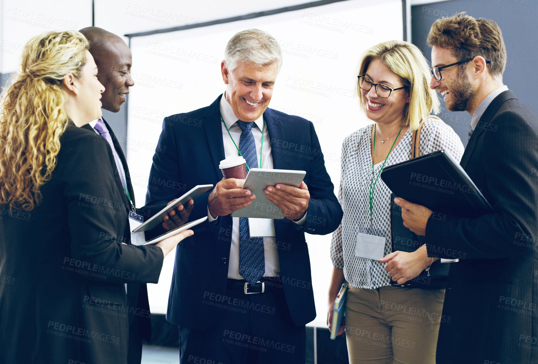 Buy stock photo Office, tablet and team of business people in meeting for online project, feedback and website research. Professional, corporate and worker on digital tech for networking, collaboration and planning