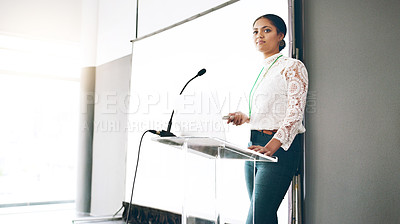 Buy stock photo Cropped shot of an attractive young businesswoman giving a speech during an award ceremony