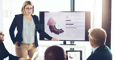 Buy stock photo Cropped shot of an attractive young businesswoman giving a presentation in the boardroom