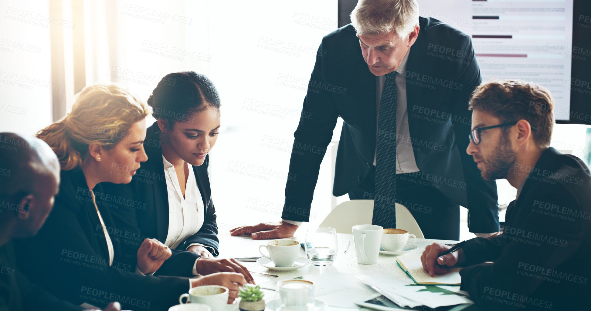 Buy stock photo Business people, meeting and documents in office for finance, discussion and review with diversity. Women, men and paperwork with tech, planning and problem solving in boardroom at accounting company