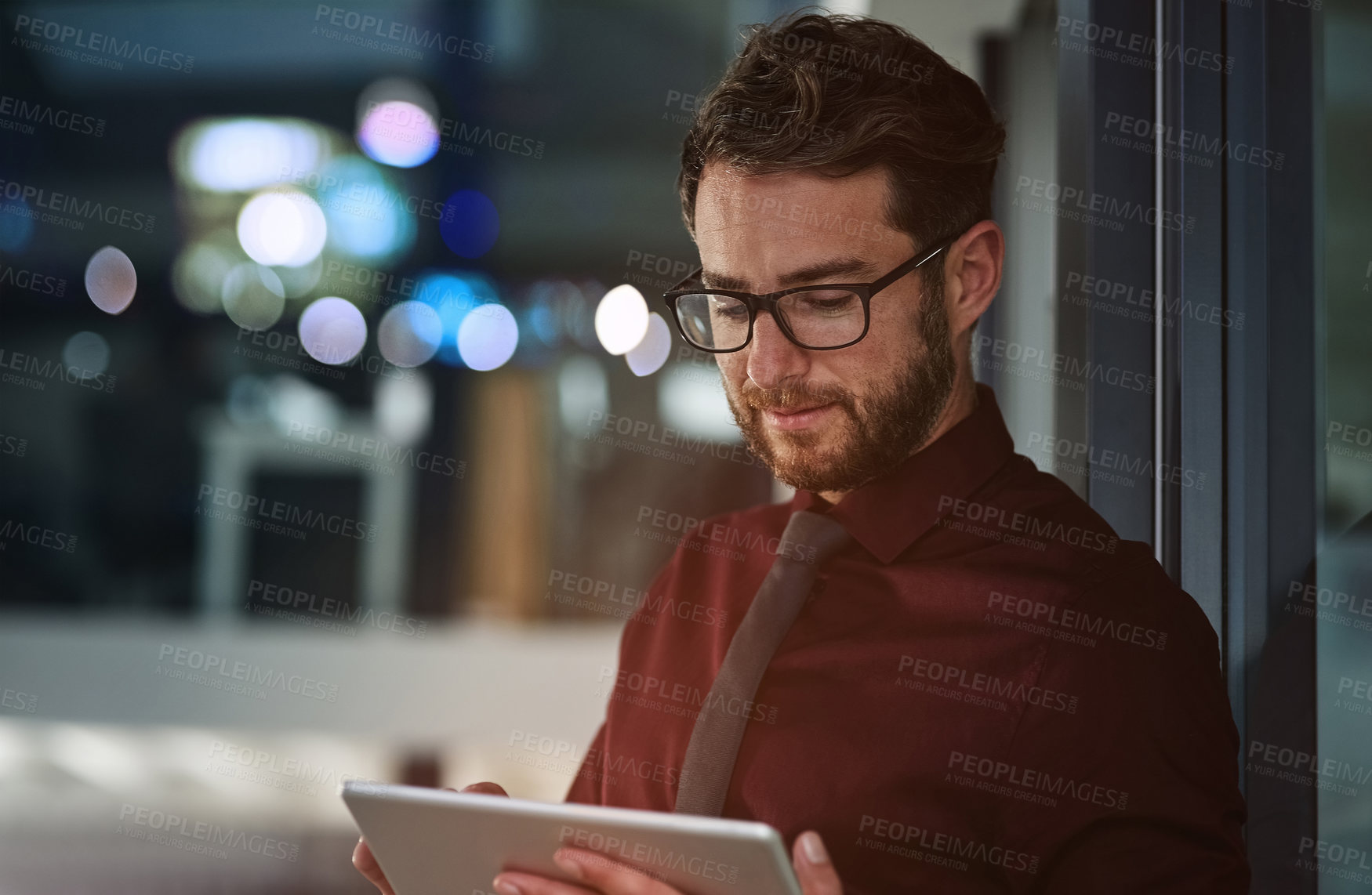 Buy stock photo Businessman, tablet and review at night in office with checklist, project and bokeh at insurance company. Person, advisor and broker with app, notification and feedback at risk management agency