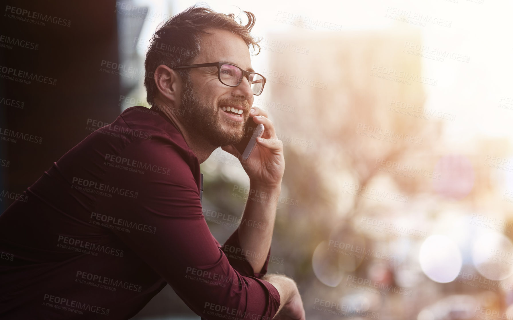 Buy stock photo Phone call, planning and smile of businessman on balcony in city for communication or feedback. Conversation, space and thinking with happy employee outdoor at work for consulting or discussion