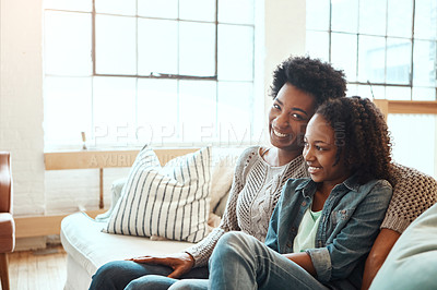 Buy stock photo Love, mother and teen girl on sofa for happy family time together in apartment in South Africa on weekend. Smile trust and support, black woman and teenager sitting on couch with healthy relationship