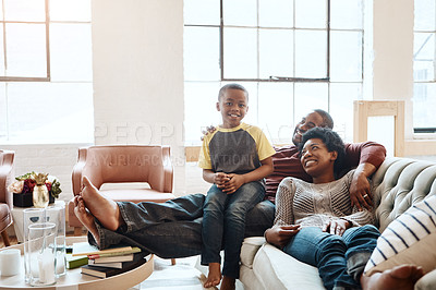 Buy stock photo Portrait of happy black family child, parents or African people relax together, bonding and enjoy quality time. Happiness, love and young youth kid, father and mother rest on home living room sofa