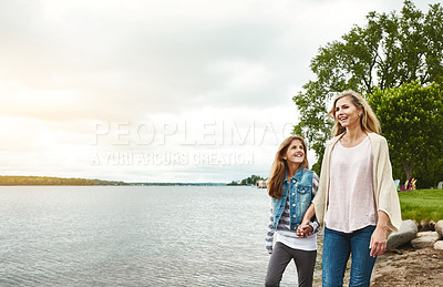 Buy stock photo Holding hands, lake or space with mother and daughter outdoor in nature together for bonding. Family, love or summer with woman and girl child walking in green park for security, support or trust