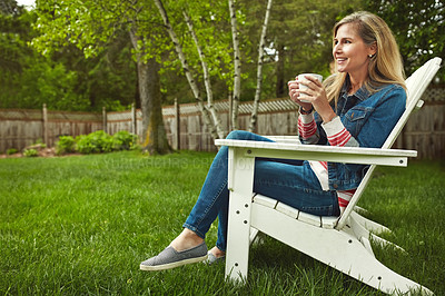 Buy stock photo Coffee, backyard and woman relaxing on chair for calm, peace and break on weekend at home. Smile, nature and mature female person sitting outdoor drinking cappuccino, latte or espresso in garden.