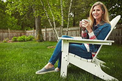 Buy stock photo Coffee, portrait and woman relaxing in backyard for calm, peace and break on weekend evening. Smile, nature and mature person on outdoor chair drinking cappuccino, latte or espresso in garden at home