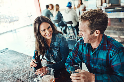 Buy stock photo Friends, beer and relax in restaurant, smile and students with happiness, bonding together and cheerful. Portrait, people and man with woman, alcohol and social gathering with drinks and conversation