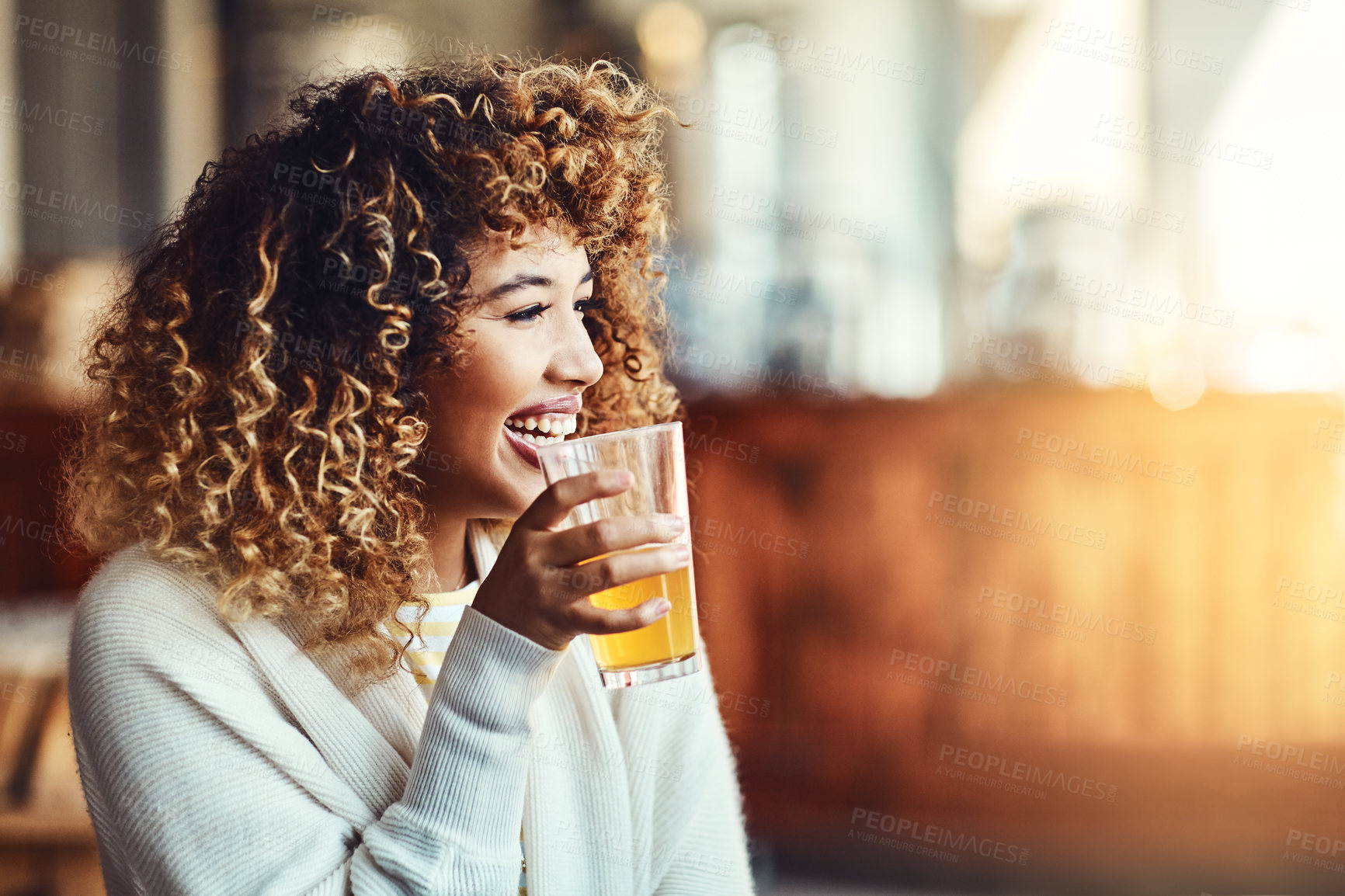 Buy stock photo Happiness, relax and woman with beer, funny and weekend break with positive mindset, drinking and humor. Person, bar and cheerful girl with alcohol, celebration and goofy with joke, laughing and calm