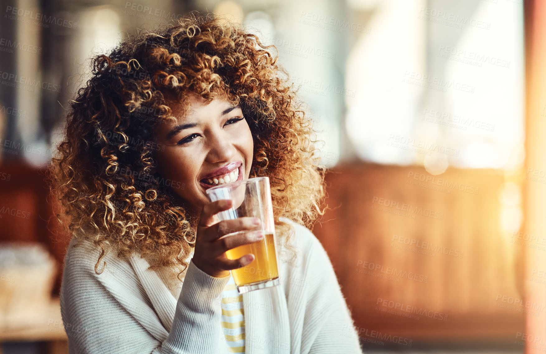 Buy stock photo Beer, relax and woman with smile, humor and weekend break with happiness, drinking and goofy. Person, pub and cheerful girl with alcohol, positive mindset and calm with joke, vacation and celebrate