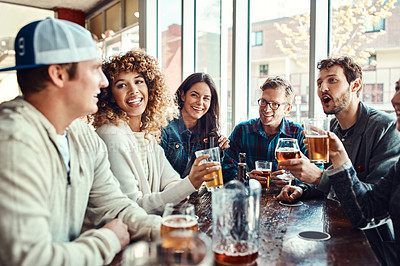 Buy stock photo Restaurant, beer and group of friends at hangout in celebration of birthday event in urban New York bar. People with smile for happiness and gathering together with alcohol beverage at summer lunch