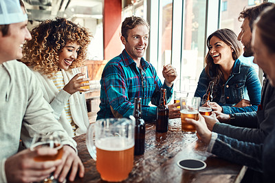 Buy stock photo Restaurant, beer and friends at gen z gathering in celebration of birthday event in urban New York bar. Group of people with smile for happiness and hangout together with alcohol beverage at lunch