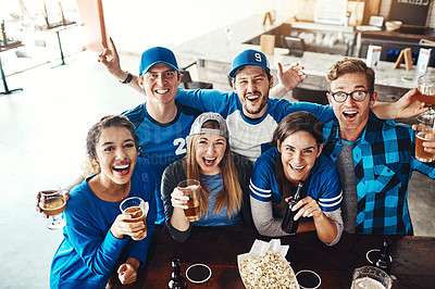 Buy stock photo Alcohol, sports and friends in pub for winning game with goal for celebration in support together. Excited, cheering and group of fans drink beer and watch broadcast television of team match in bar.