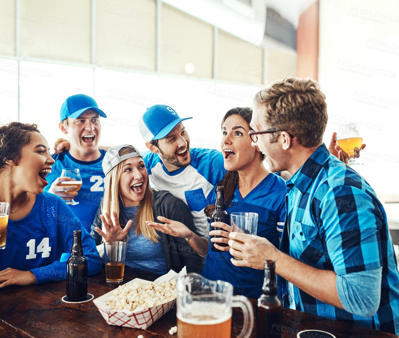 Buy stock photo Sports, fans and people in pub with discussion, solidarity and beer at broadcast of world cup together. Baseball, games and group of excited friends in bar for watch party, drinks and team support