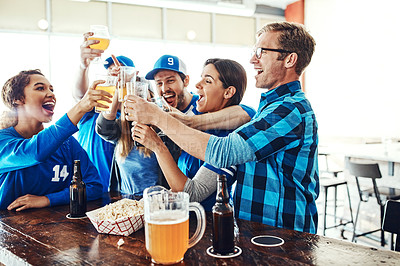 Buy stock photo Sports, celebration and friends toast in pub for support, success and cheers with baseball match or game. Group of people or fans with beer, drinks or glasses together for happy hour and team winning