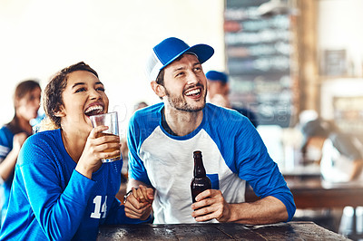 Buy stock photo Sports, laughing or couple in pub with alcohol, love or celebration of competition together to relax. Smile, soccer game or people in bar for watch party, beer drinks or fans at diner for happy hour