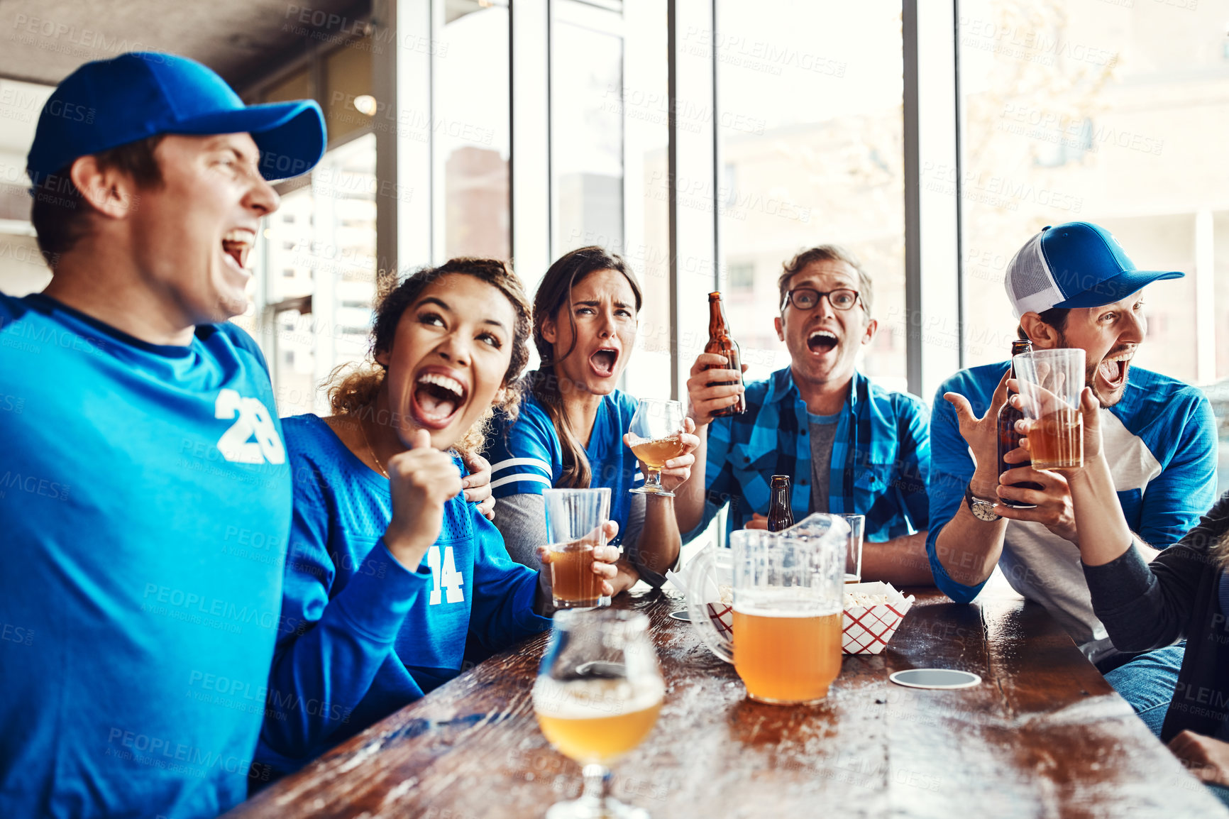 Buy stock photo People, success and cheer for sports game, tournament victory and celebration of football league match. Friends, woman and men with support, fan and winning or beer for score achievement at pub