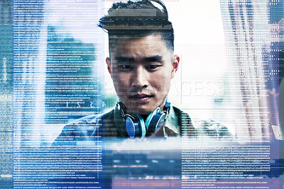 Buy stock photo Cropped shot of a handsome young male coder working on his laptop at home