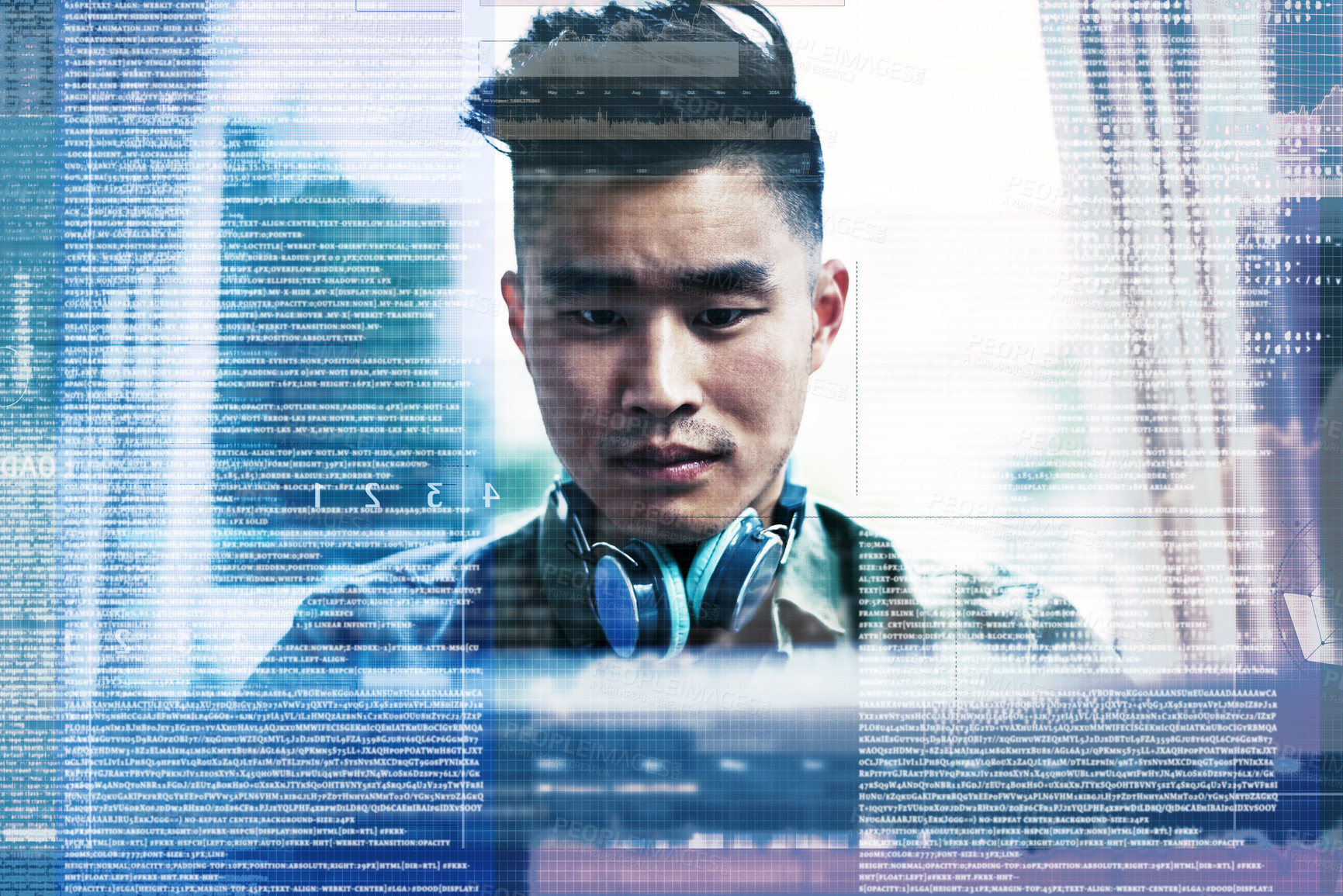 Buy stock photo Cropped shot of a handsome young male coder working on his laptop at home