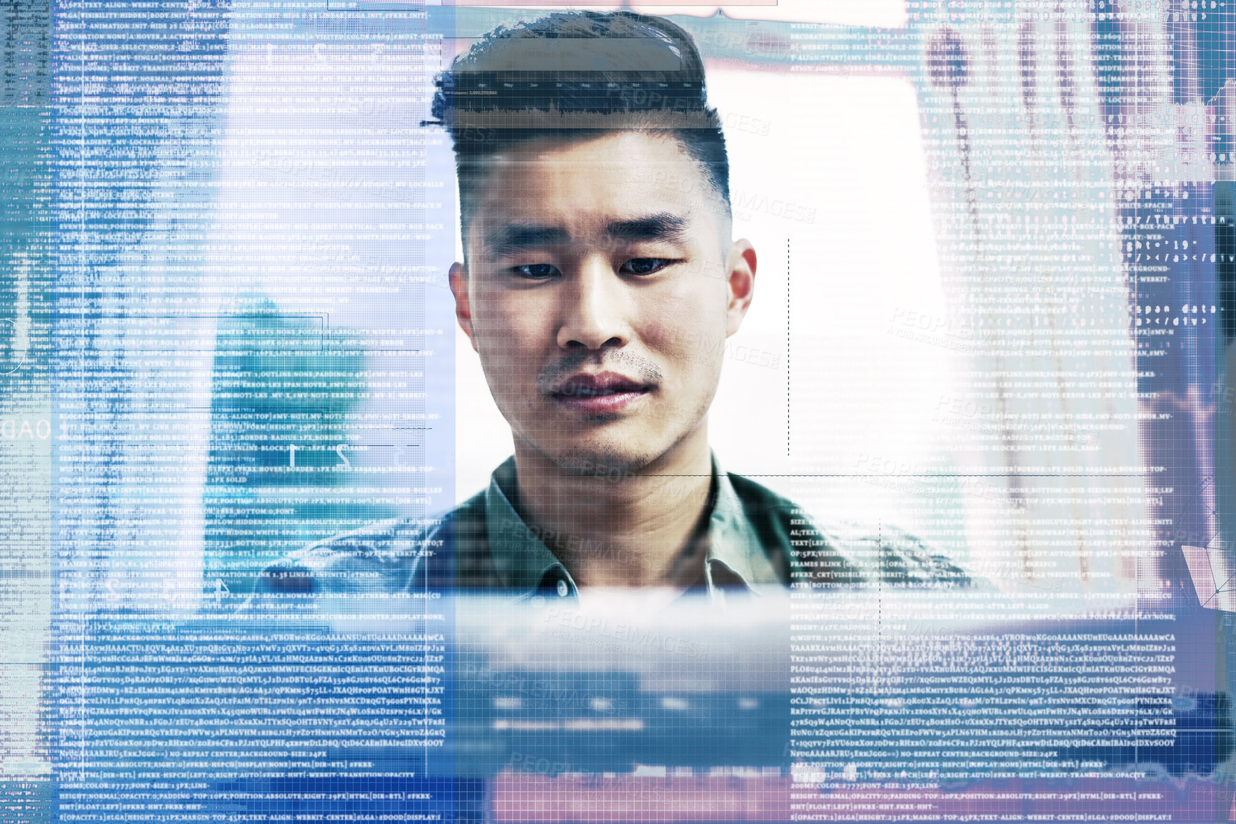 Buy stock photo Cropped shot of a handsome young male coder working on his laptop at home