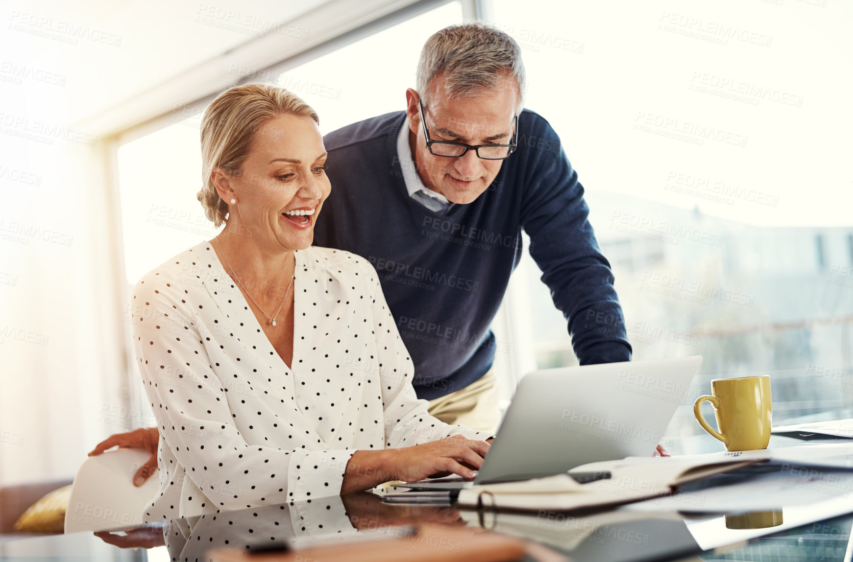 Buy stock photo Shot of a mature couple using a laptop while going through paperwork at home