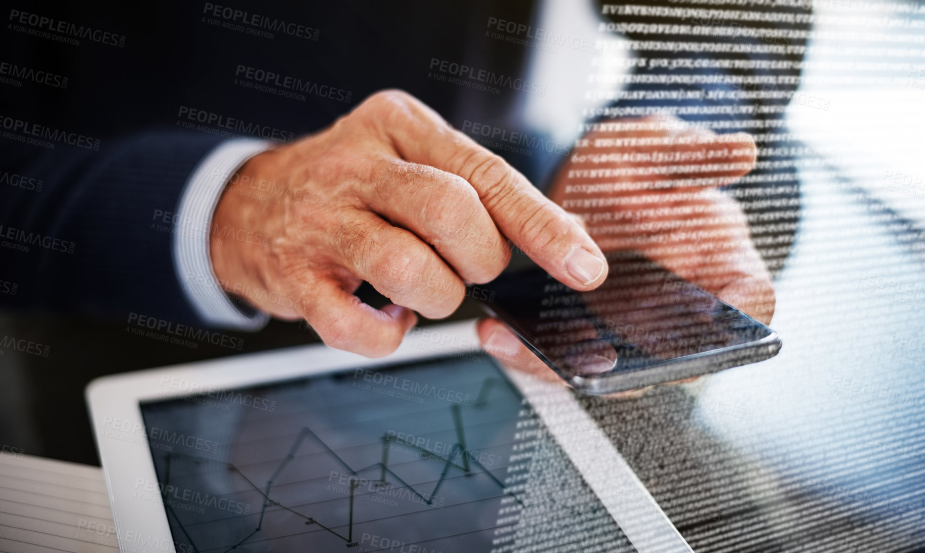 Buy stock photo Cropped shot of a businessman using a mobile phone at his work desk