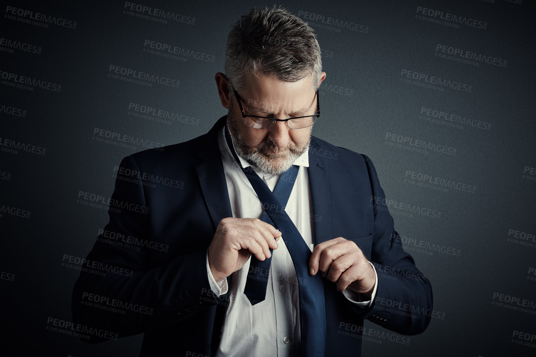 Buy stock photo Professional, fashion and businessman with tie in studio for corporate suit with outfit for legal career. Glasses, style and attorney with adjusting necktie for getting ready by dark background.