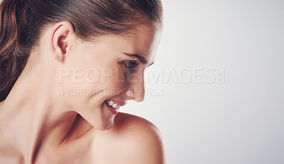 Buy stock photo Woman, skincare and beauty in studio for natural or soft, smooth and clear skin with wellness. Girl, isolated and white background for cosmetics or dermatology, self care and happiness with mockup.