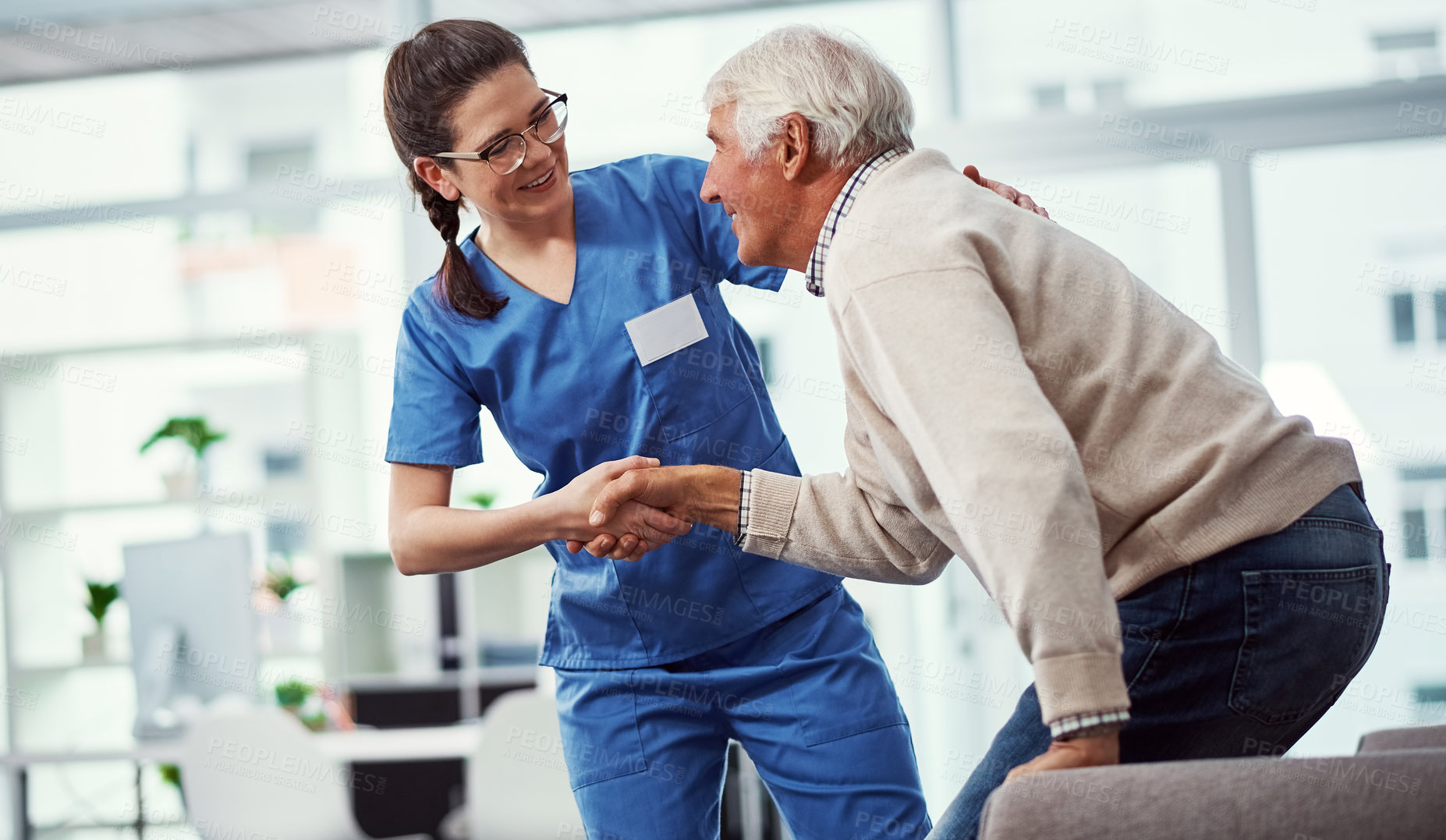 Buy stock photo Support, nurse or senior man with stand up, assistance and disability care in retirement facility. Healthcare, elderly patient and caregiver in hospital with mobility aid, help and empathy in clinic