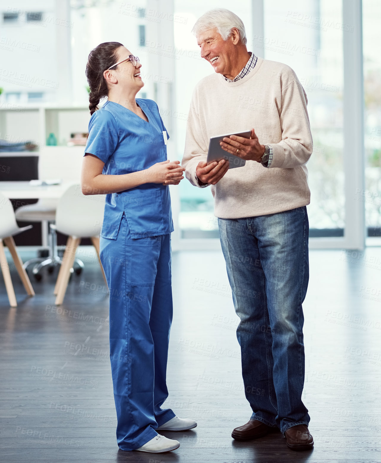 Buy stock photo Happy, tablet and senior man with nurse for consulting, online report and patient results. Healthcare, clinic and woman and elderly person laugh on digital tech for checkup, advice or medical service