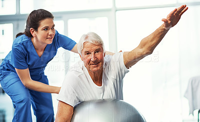 Buy stock photo Physiotherapist, old man and stretching in clinic with ball, mobility or support for rehabilitation. Portrait, senior person and healthcare worker with physical therapy, workout or help for recovery.