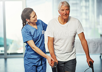 Buy stock photo Physiotherapy, old man and walker with nurse, support and rehabilitation in hospital. Caretaker, woman and elderly patient with a disability, smile and healthcare for mobility assistance in clinic