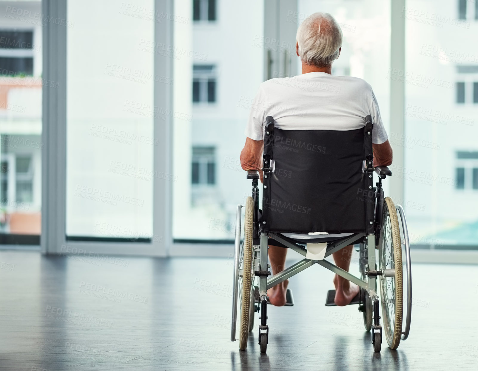 Buy stock photo Old man, thinking and back in wheelchair for hospital, reflection and memory or recovery. Elderly person with disability, perspective and rehabilitation with clinic, window and space in retirement