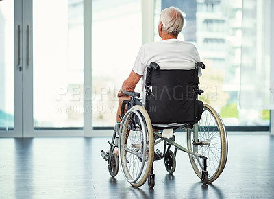 Buy stock photo Elderly man, thinking and back in wheelchair for hospital, reflection and memory for recovery. Old person with disability, perspective and rehabilitation with clinic, window and space in retirement